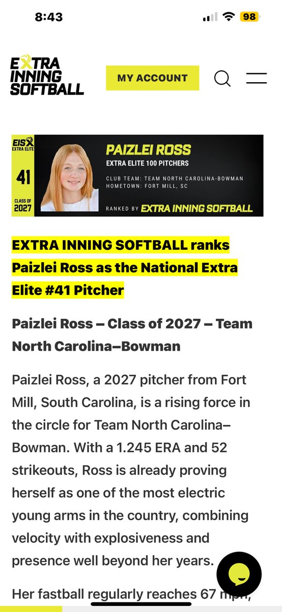 paizleiross's tweet photo. Thank you so much @ExtraInningSB for ranking me as #41 nationally for all pitchers in the 2027 class! This is such a blessing. I can’t wait to be on the field this summer with @teamnc_bowman - pop out and watch us!! https://t.co/73REtfB2mg
