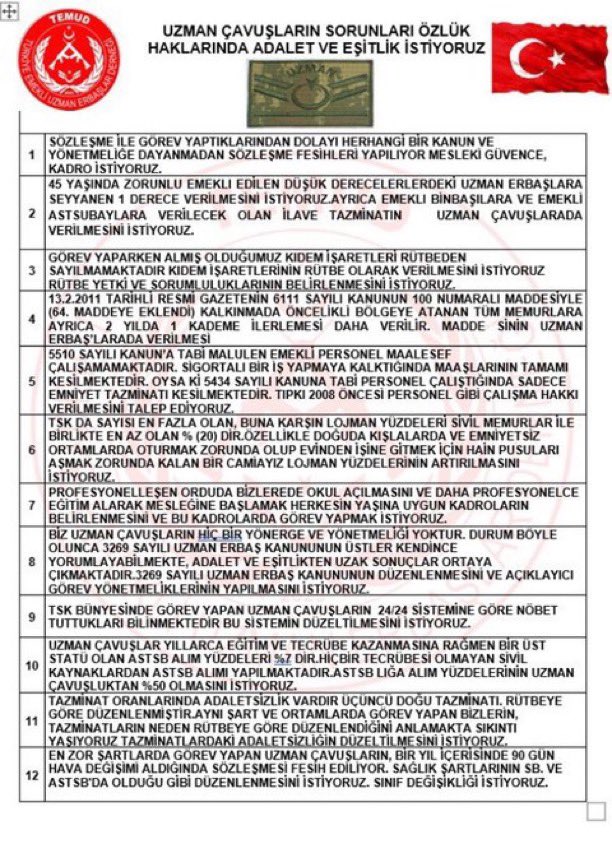 Anadolunun kerpiç evlerinin gönlü vatan sevdası ile dolu yiğitleri #UzmanÇavuşlar’ın özlük haklarında eksiklikler var.
Vatan için Milletin huzuru güvenliği için can veren evlatların mesleki güvencesi yok.Hastalandığında 90 günde iyileşmesi gerekli yoksa geçmişte ne kahramanlık