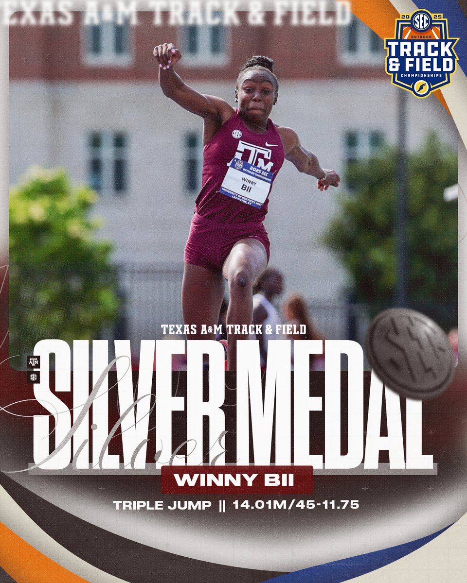 Winny Bii is back on the podium 🐝🥈

She jumps a personal-best mark of 14.01m/45-11.75 which breaks the Kenyan outdoor national record and moves her up to No. 2 in the A&amp;M record books 👍

#GigEm // #AggieTF
