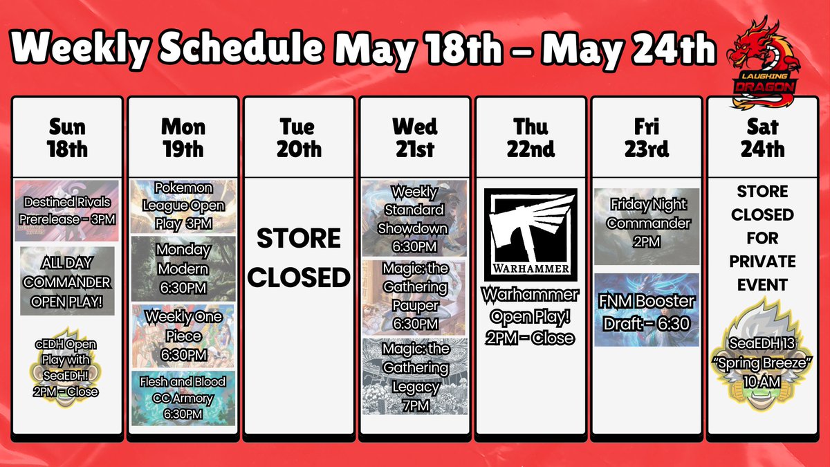 LaughingMtg's tweet photo. New week's schedule is up! 

Our Prerelease for Pokemon Destined Rivals is this Sunday May 18th at 3PM!

We also have our friends at SeaEDH hosting their next cEDH tournament Saturday May 24th at 10AM!  Visit their website to learn more: https://t.co/19Ob25eHvF

Thanks everyone! https://t.co/o04tCGhTXF