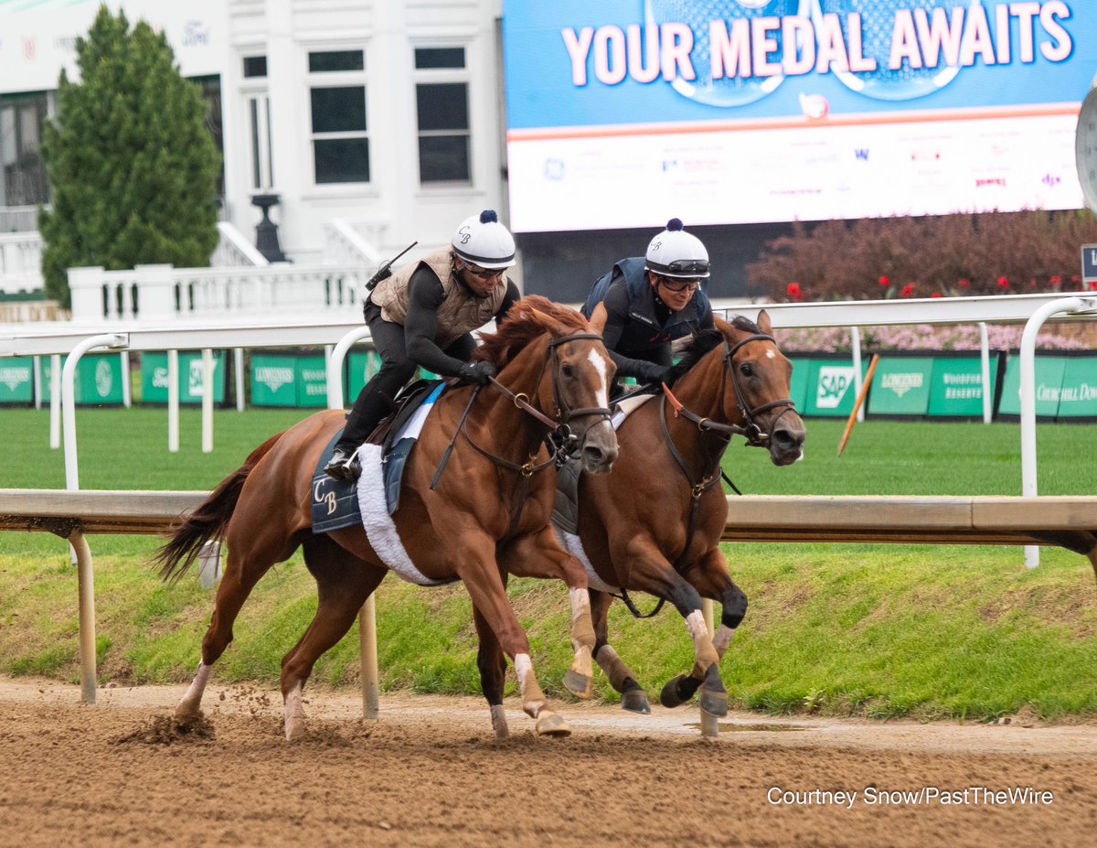 Raging Sea (outside) working in company with Randomized on April 26th. 1 week later these two would finish first and third in the G1 La Troienne Stakes for Chad Brown