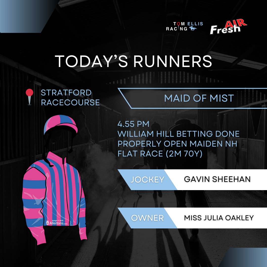 Tom Ellis Racing (@tomellisracing) on Twitter photo Just the 1 runner for us today <a href="/stratfordraces/">Stratford Racecourse</a> ๐
Maid Of Mist makes her debut under <a href="/GavinSheehan92/">Gavin Sheehan</a>.
#horseracing #nhracing #racehorse #runner Just the 1 runner for us today <a href="/stratfordraces/">Stratford Racecourse</a> ๐
Maid Of Mist makes her debut under <a href="/GavinSheehan92/">Gavin Sheehan</a>.
#horseracing #nhracing #racehorse #runner