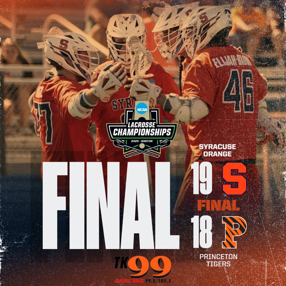 FINAL. Syracuse men's lacrosse outlasts Princeton, makes Final Four for first time since 2013.

Joey Spallina comes up clutch with 4 goals and 4 assists. Hat tricks for Owen Hiltz and Michael Leo. 

In one week, the Orange plays the winner of tomorrow's Georgetown-Maryland game.