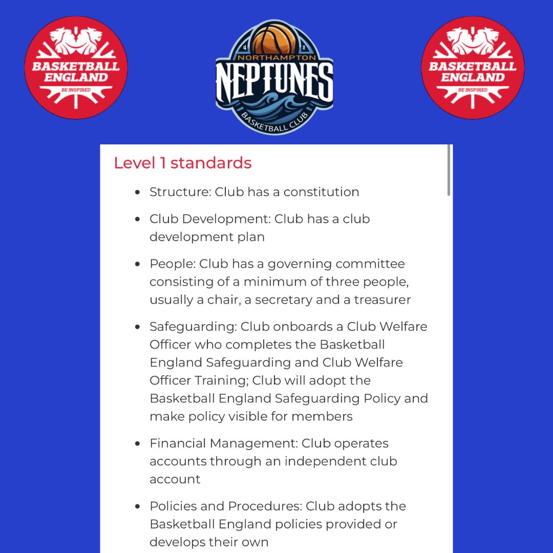 We have met level 1 standards, well done to everyone involved with the club for your hard work and efforts 🙌🏻 <a href="/bballengland/">Basketball England 🥇🥈</a> #LetsGoNeptunes