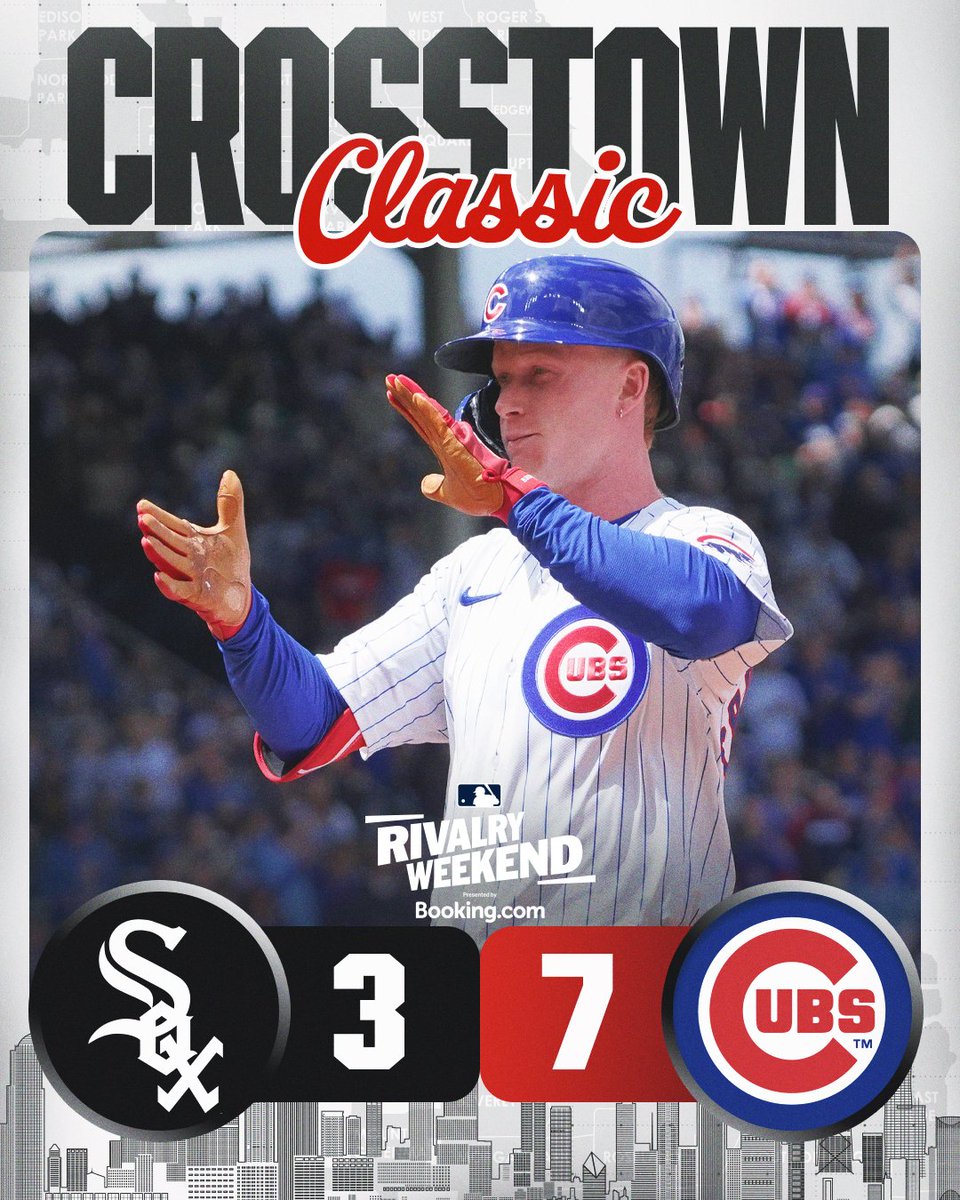 MLB's tweet photo. Pete Crow-Armstrong drives in a pair of runs and the @Cubs take the Crosstown Classic. #RivalryWeekend https://t.co/Lnxjm8EQrC