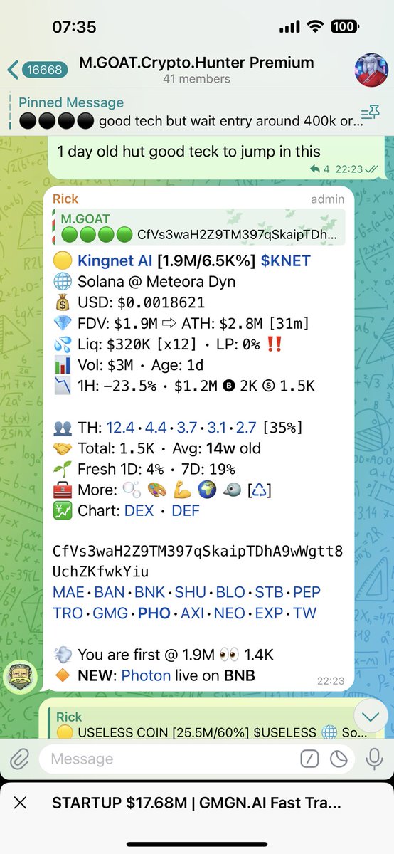 CfVs3waH2Z9TM397qSkaipTDhA9wWgtt8UchZKfwkYiu

Called in my group at 1.9m cap and then jump into 20m. X10 just few hours

BOT: t.me/GMGN_sol04_bot…
Group: t.me/Mgoatarmy