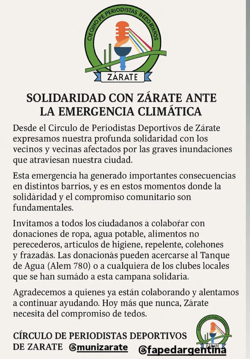 DONACIONES EN ZÁRATE PARA LOS/AS AFECTADOS POR LAS INUNDACIONES ‼️

El Círculo de Periodistas Deportivos de #Zárate invita a acercar donaciones de ropa, agua potable, alimentos no perecederos y elementos de higiene a los clubes o al Tanque de Agua.

#granizo #inundados