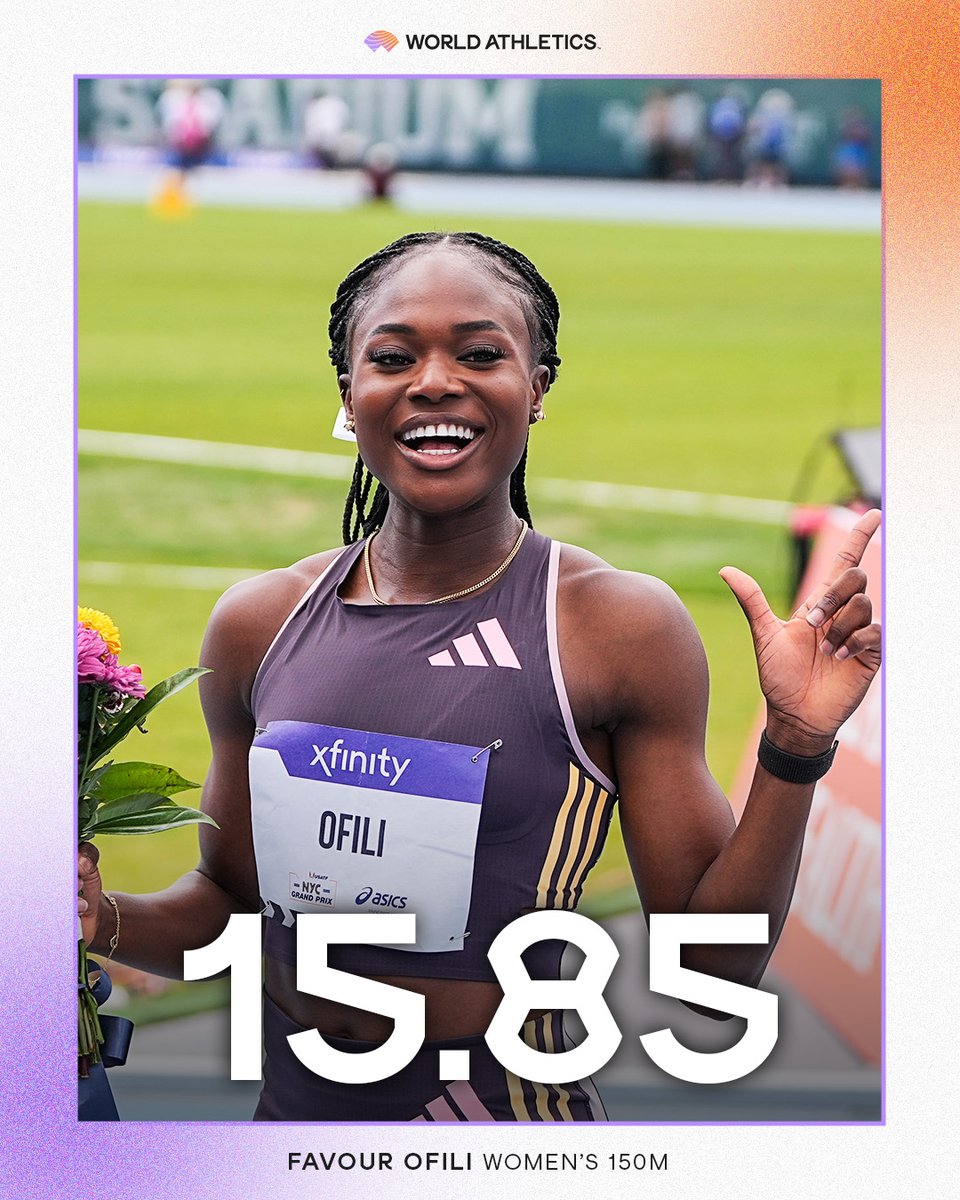 World Athletics (@worldathletics) on Twitter photo World best ๐จ
๐ณ๐ฌ's Favour Ofili powers to the fastest 150m in history with 15.85 at the <a href="/adidasATLGames/">adidas Atlanta City Games</a> ๐ฅ
Report ๐ bit.ly/4mmeMiQ World best ๐จ
๐ณ๐ฌ's Favour Ofili powers to the fastest 150m in history with 15.85 at the <a href="/adidasATLGames/">adidas Atlanta City Games</a> ๐ฅ
Report ๐ bit.ly/4mmeMiQ