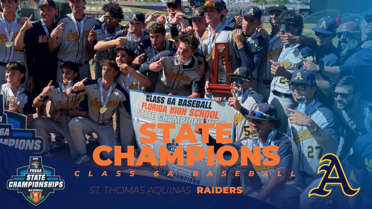 FHSAA's tweet photo. ⚾️ Congratulations to the #2025 Florida High School Baseball Class 6A State Champions🏆

🥇St. Thomas @AquinasRaiders 

4 of 8 have been crowned in @VisitFortMyers #HammondStadium #leehealthsportscomplex https://t.co/xmr3TUulzY