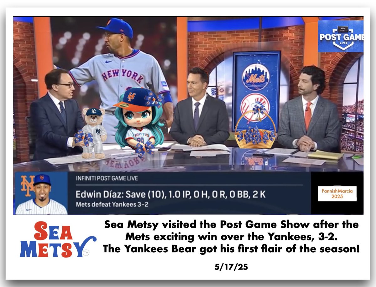 What a win, ending with Diaz vs Judge!  Sea Metsy visited the Post Game show for some flair fun! <a href="/DanHicken/">Dan Hicken</a> <a href="/SteveGelbs/">Steve Gelbs</a> <a href="/SNY_Mets/">SNY Mets</a> <a href="/sny/">SNY</a> <a href="/MrMet/">Mr. Met</a>