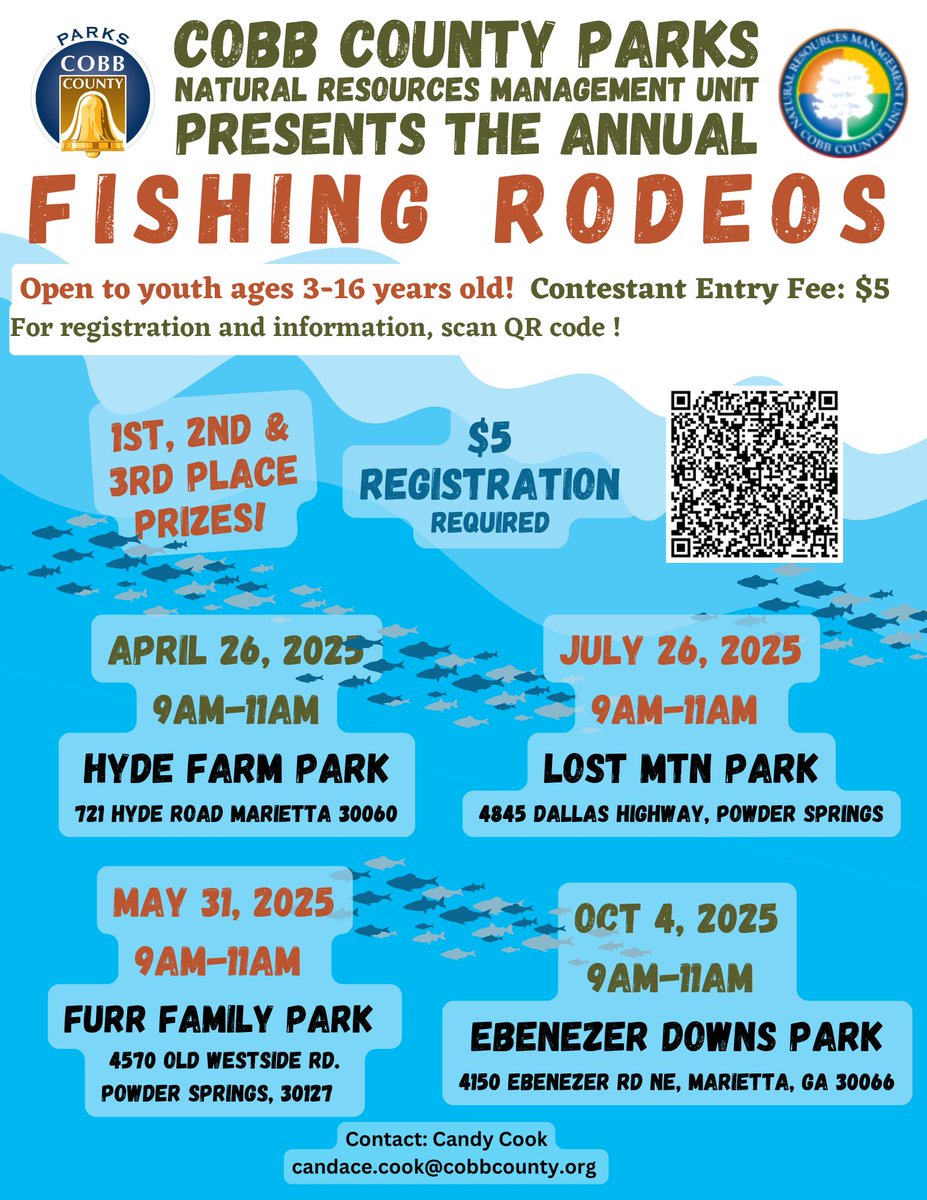 cobbcounty's tweet photo. Young anglers ages 3-16, cast off at the Fishing Rodeo 9 - 11 a.m. Saturday, May 31 at Furr Family Park, 4570 Old Westside Road, Powder Springs.
It's o-fish-ally going to be a great time! Compete to catch the biggest fish $5.
Register here (code #43716): https://t.co/DnWU1oZbVE https://t.co/64SIqFf8AS