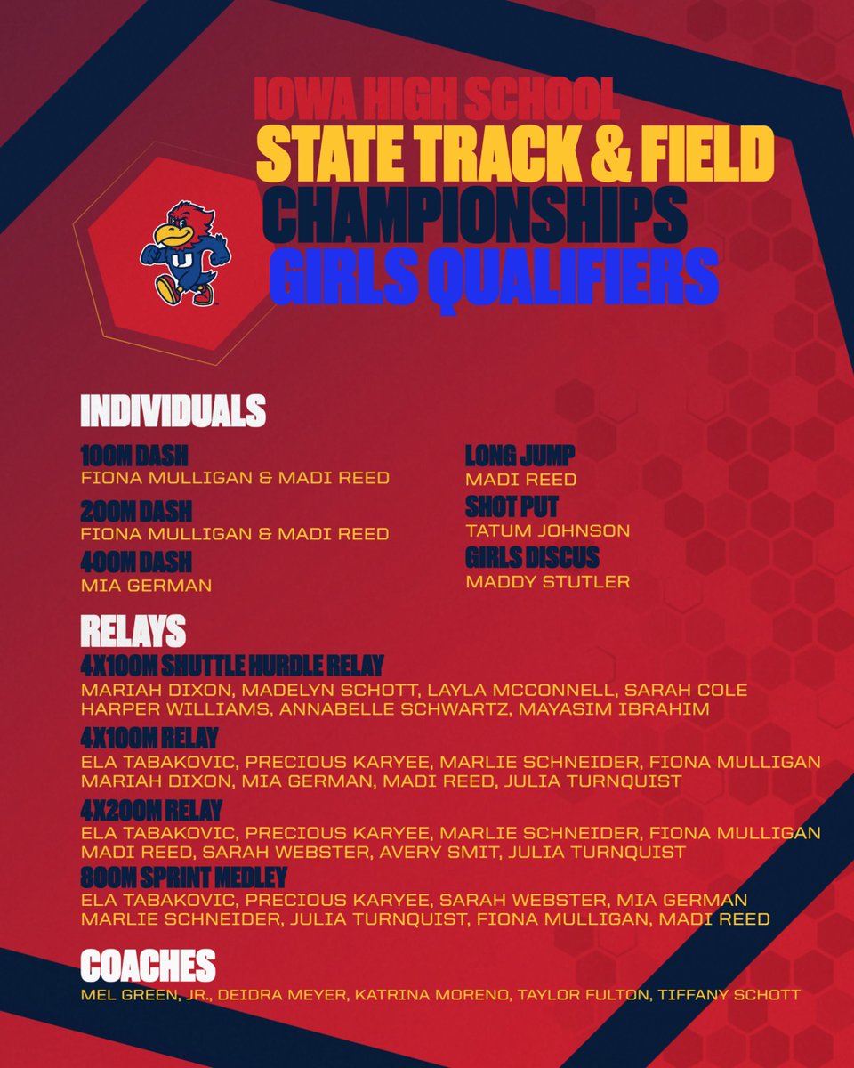Introducing your qualifiers for the 2025 Iowa High School State Track &amp; Field Championships!

Congratulations to all of our competitors on a great season and best of luck to our qualifiers as they compete May 22-24 for a state title!