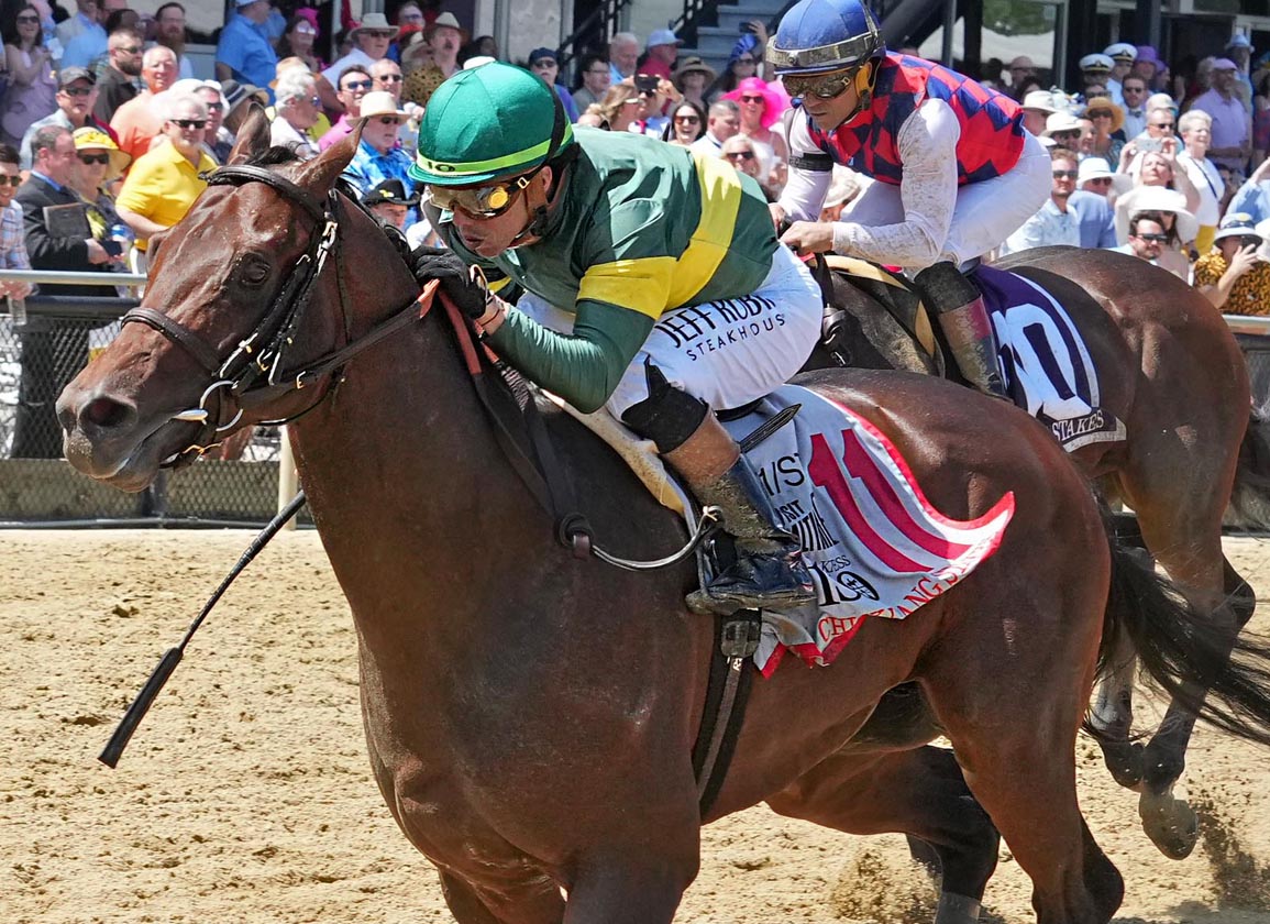 On the Preakness undercard, RETRIBUTION takes the $150,000 Chic Lang Stakes from the outside post. Purchased his dam for just $24,000 and planned the Vekoma breeding. <a href="/spendthriftfarm/">Spendthrift Farm</a> <a href="/marktoothaker/">Mark Toothaker</a>