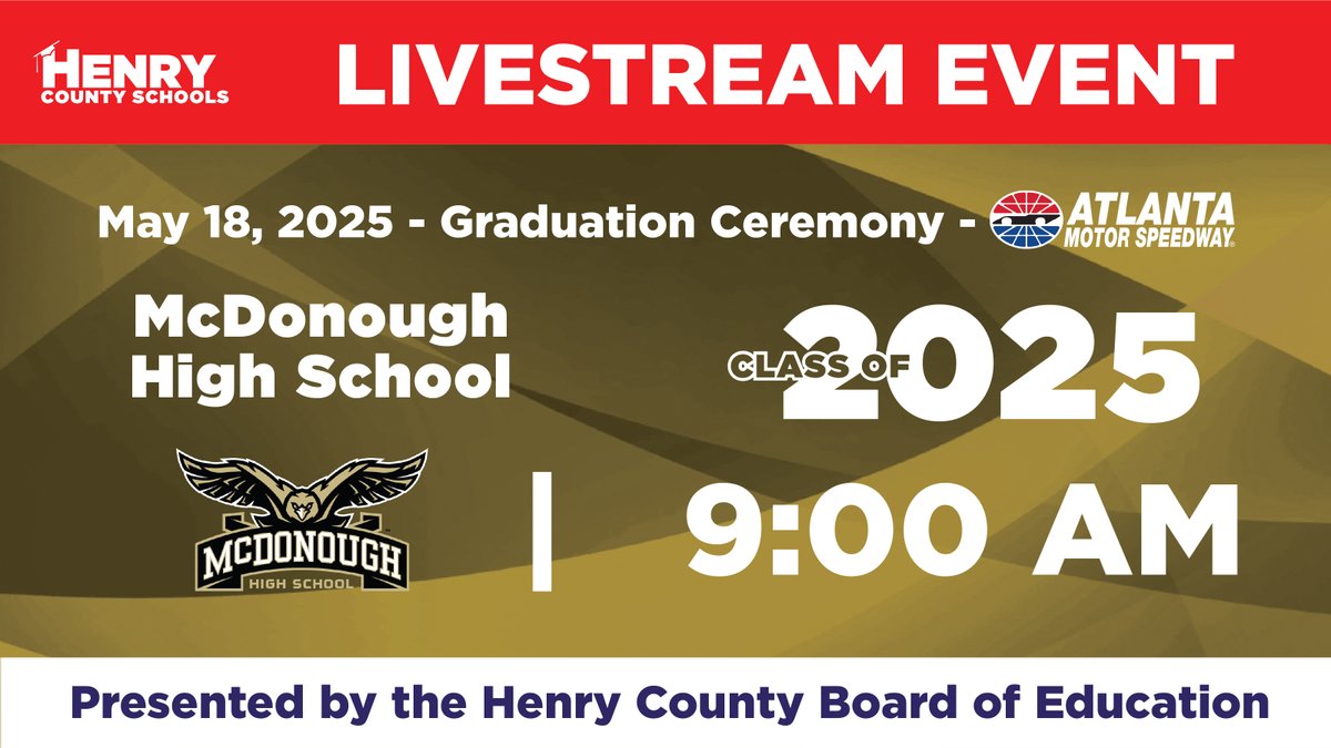 McDonough High School continues HCS graduation season at Atlanta Motor Speedway on Sunday at 9 a.m. For those unable to celebrate the Class of 2025 in person, follow along via livestream at the link below.
🎥:  youtube.com/live/3PrJ1Cbh8…
#WinningforKids #HenryProud #YouBelongInHenry