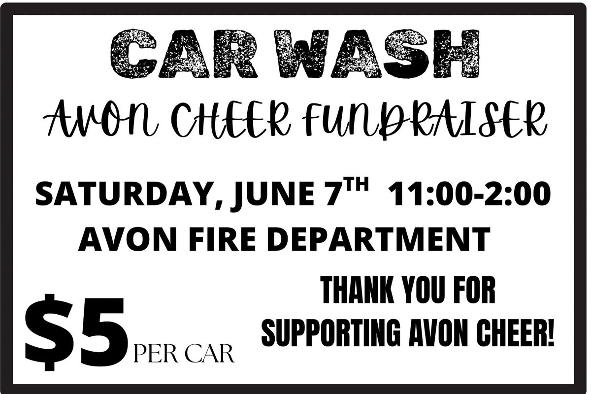 Come support Avon Cheer at our annual car wash fundraiser!! If you want to get tickets in advance reach out to one of our cheerleaders today!