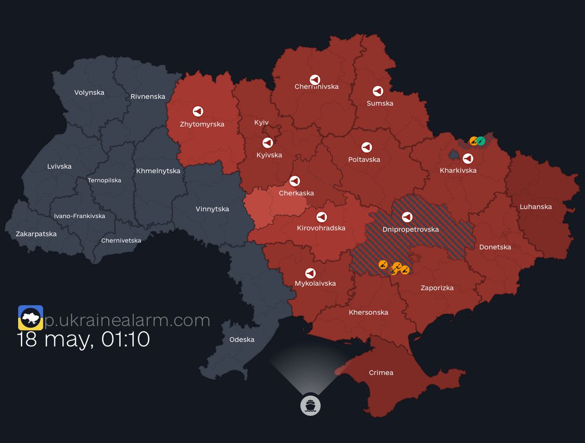 Ukraine’s nightly reality: More than half of the country on alert due to a wave of Russian/Iranian Shahed flying bomb drones sweeping across the country. This happens practically every night now - but it doesn’t hit the headlines unless there’s a particularly horrific atrocity.
