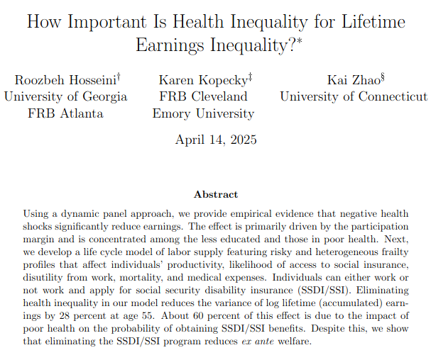 The Review of Economic Studies (@reveconstudies) on Twitter photo Using frailty as the measure of health, a new paper by <a href="/roozbeh52/">Roozbeh Hosseini</a>, <a href="/KopeckyEcon/">Karen Kopecky</a> and Zhao, recently accepted to #REStud, finds that health inequality accounts for 28 percent of lifetime earnings inequality.
restud.com/how-important-…
#EconSky #health #frailty #disability Using frailty as the measure of health, a new paper by <a href="/roozbeh52/">Roozbeh Hosseini</a>, <a href="/KopeckyEcon/">Karen Kopecky</a> and Zhao, recently accepted to #REStud, finds that health inequality accounts for 28 percent of lifetime earnings inequality.
restud.com/how-important-…
#EconSky #health #frailty #disability
