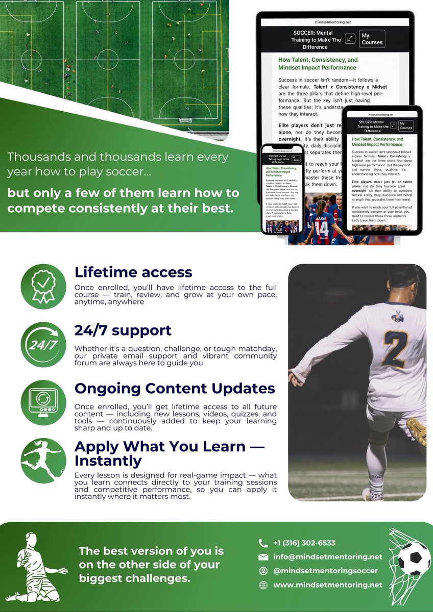 🚀 Ready to Play Like the Best? Then Train Like the Few.
🔗mindsetmentoring.net/p/course/SOCCE…

Every year, thousands of soccer players learn how play.
But only a few learn how to stay sharp under pressure...
Only a few learn how to show up big in big moments...
Only a few train their mind