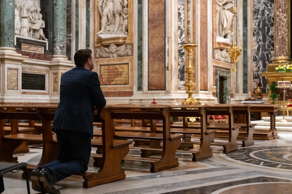 VP's tweet image. Today, @SLOTUS and I visited the tomb of the late Holy Father Pope Francis.

He was beloved by many Catholics around the world, and I hope you will join me in praying for the repose of his soul.