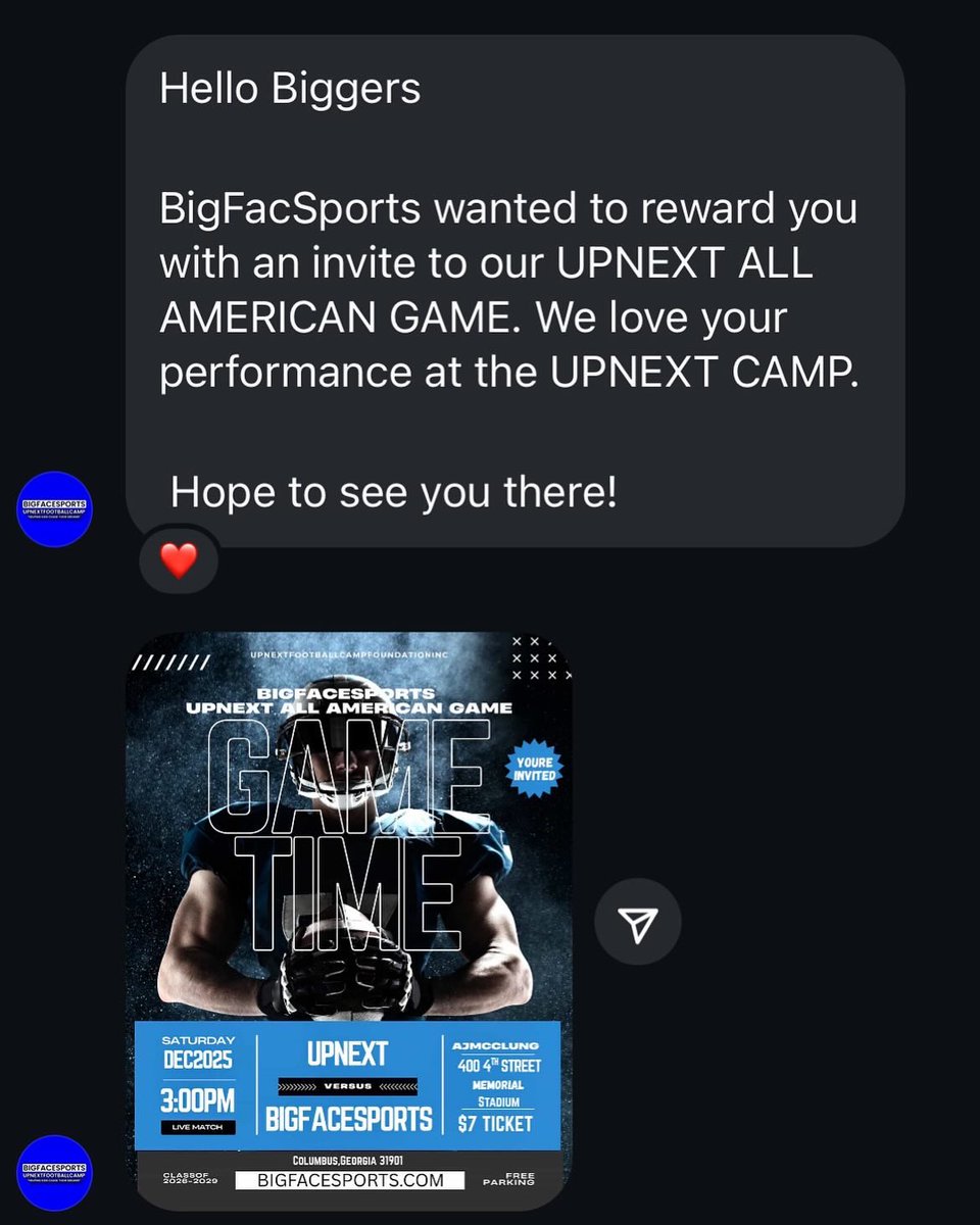 Biggers3k's tweet image. After a great day at @BigFaceSportss football camp 💙, I’ve been blessed with an invitation to the UpNEXT All-American game #agtg ✘ and noticed by ASU. I’m grateful for everything nothing would be happening without the man above @RecruitGeorgia @CHSREDDEVILS @AL7AFootball #ofh