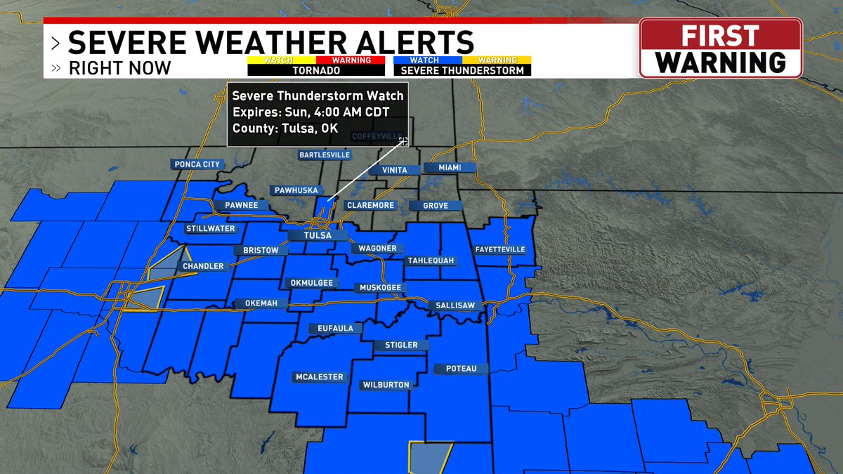 KevinCoskrenTV's tweet photo. A Severe T-Storm Watch has been issued until 4am Sunday for much of Green Country. The main threats are golf ball hail &amp; 70 mph gusts. A tornado or two cannot be ruled out. Storms will ramp up again Sunday afternoon/evening, w/all forms of severe weather possible #okwx @KTULNews https://t.co/XGoGJPiPX6