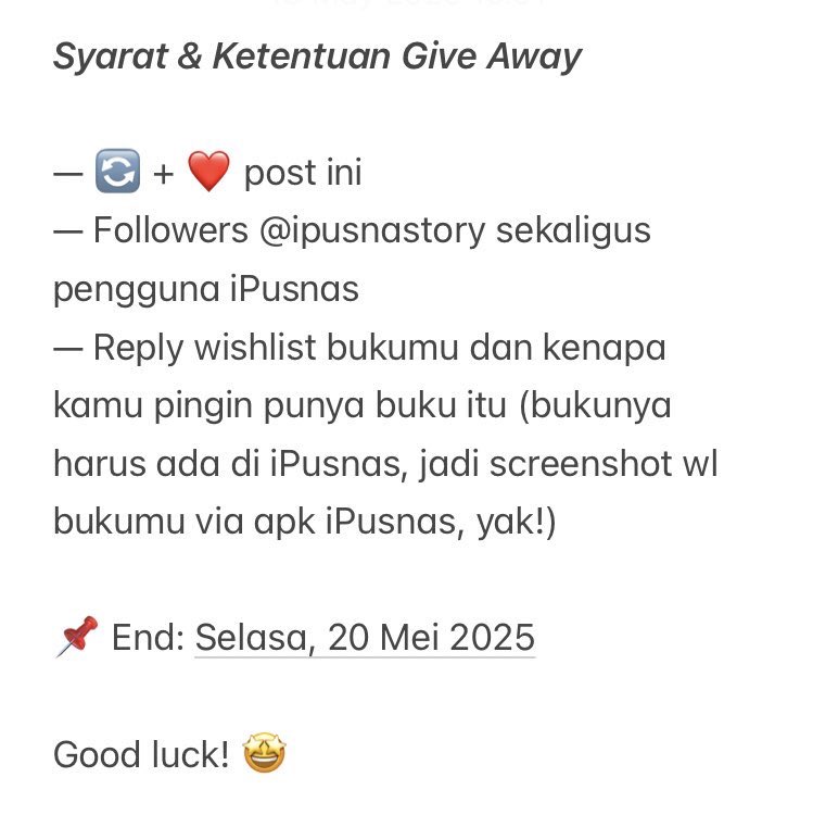 ipusnastory's tweet photo. 📚 Give Away Buku iPusnas 📚

Dalam rangka merayakan 1.5k+ followers iPusnastory, admin mau jajanin wishlist buku (max. 150k include ongkir) buat 2 orang terpilih 🥳✨

⬇️⬇️⬇️ https://t.co/063J2WA5zu