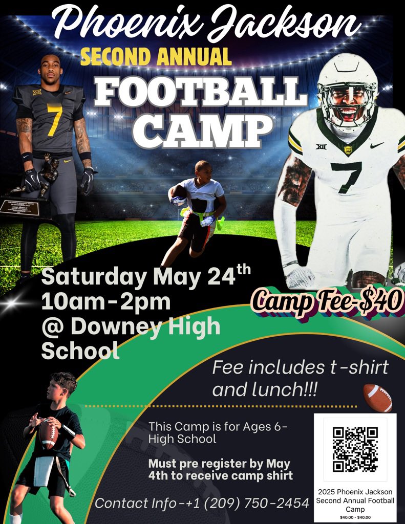 Ocho209's tweet photo. 1 week from today @PhoenixJackso19 will be hosting his 2nd Annual football camp in Modesto Ca. Over 100 Already signed up. NFL/D1 Athletes will be helping him out. Link to register is in the comments โผ๏ธ #4TheCity COME OUT๐ฏ https://t.co/lKaukJk3hW