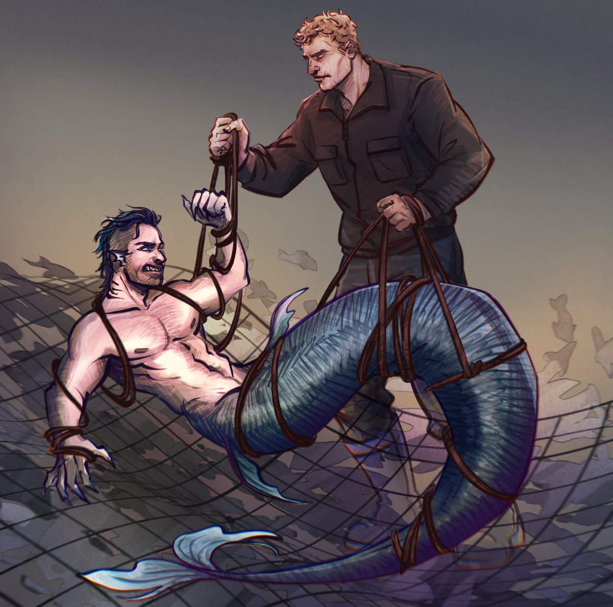_outdust's tweet image. Simon had a very successful fishing trip. John’s a bit scared, but he’ll be fine. 🎣

[the BG is a jumble of other fish caught in a net; sorry, that’s where I lost it]
#GhostSoap #Ghoap #mermay