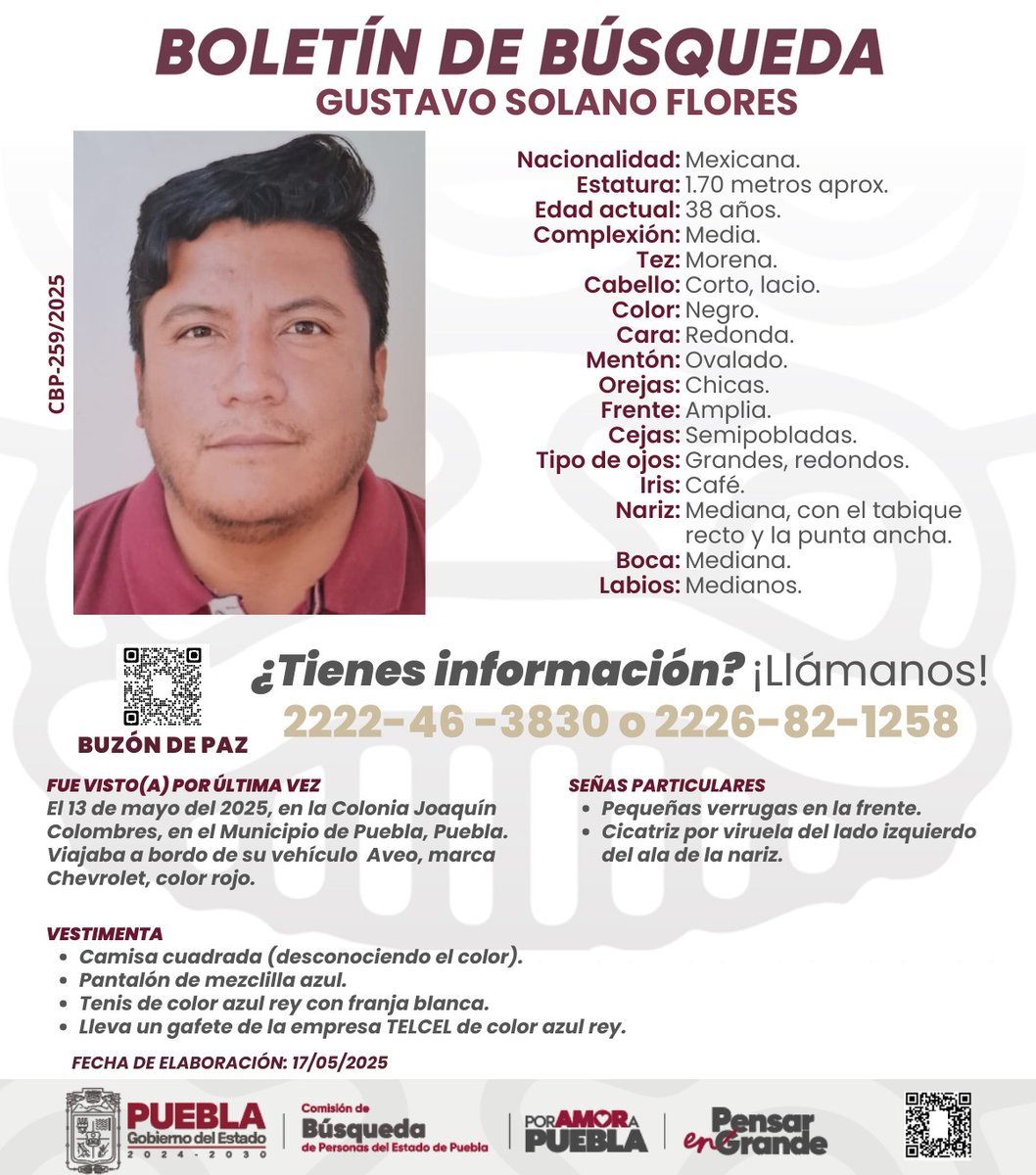TeBuscamos 🚨 Gustavo Solano Flores de 38 años desapareció el 13 de mayo  del 2025, fue visto por última vez en la colonia Joaquín Colombres, Puebla  . Si tienes información, comunícate al ☎️ 22 22463830.