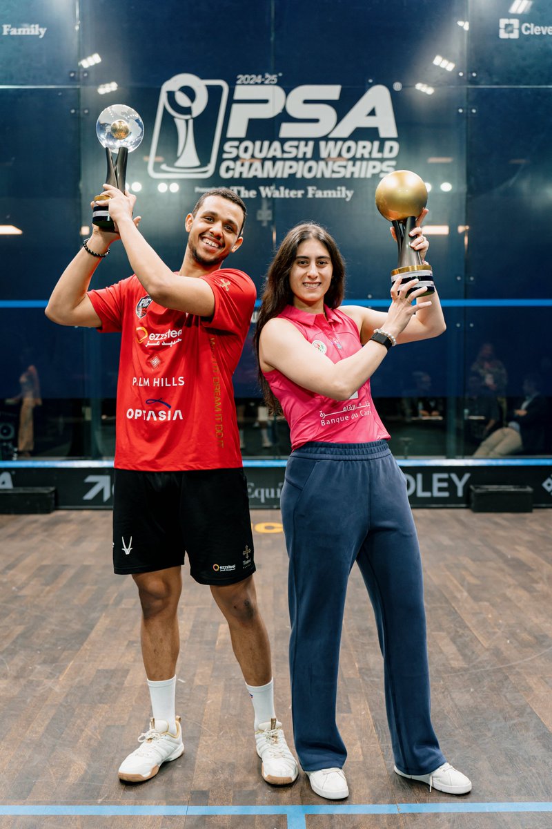 PSASquashTour's tweet photo. Your @PSAWorldChamps champions! 🌎🏆

@mostafasal_ X @noursherbini 🔥

#PSAWorldChamps https://t.co/IcNeQi1dqq