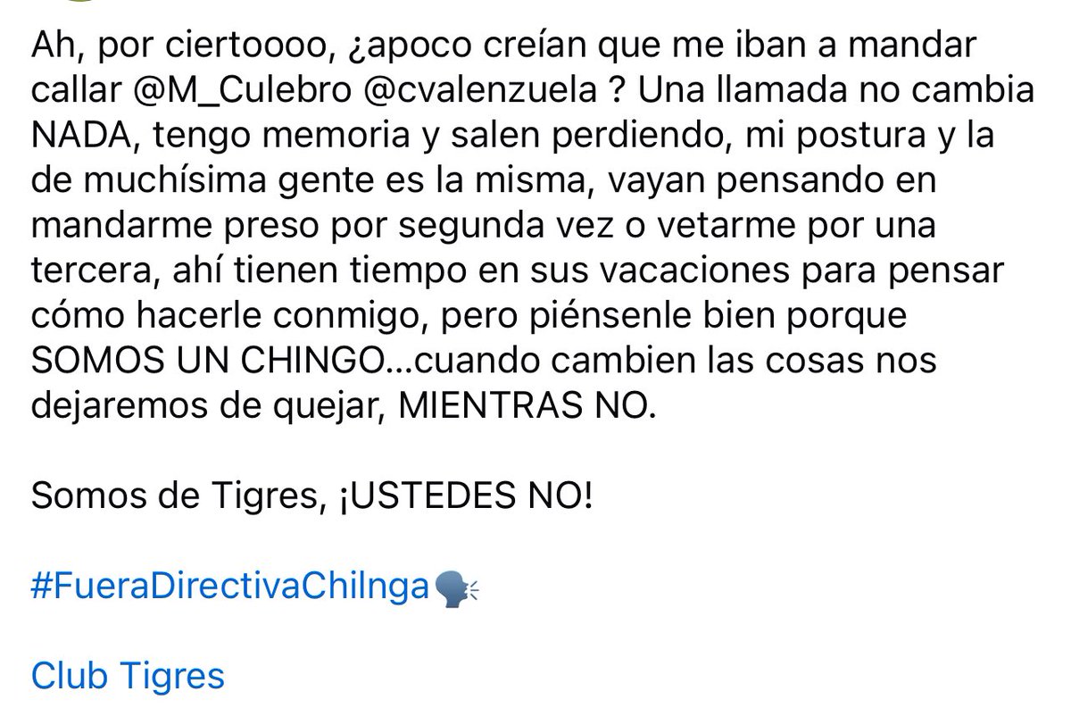 LLanesLyL's tweet photo. Somos UN CHINGO @M_Culebro @cvalenzuela. ¡Somos de Tigres USTEDES NO! #FueraDirectivaChilanga @TigresOficial https://t.co/5NGVzJxqBb