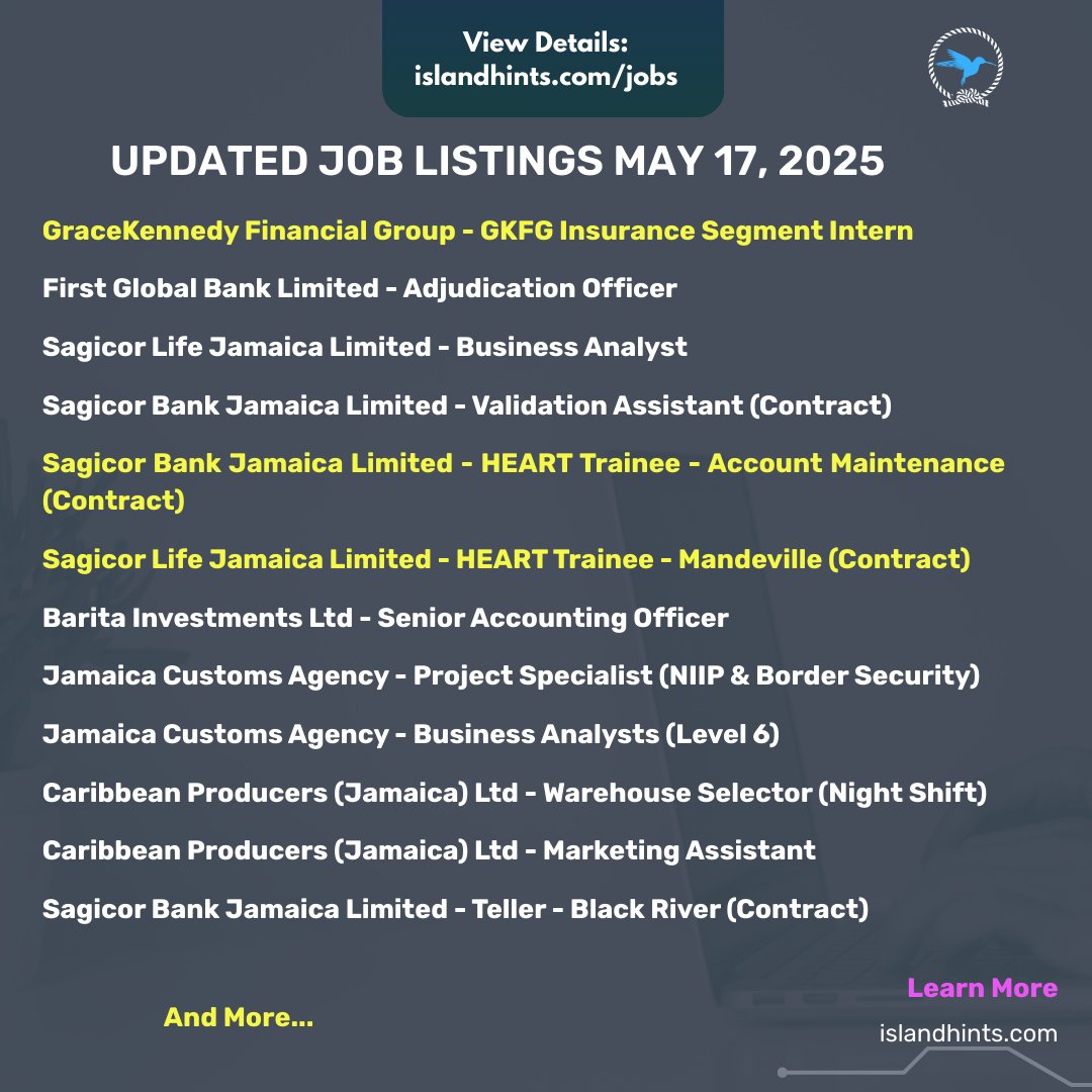 🔗 Apply Now: Visit islandhints.com/jobs for direct links to all listings.

⚠️ Applications cannot be submitted on our website. Follow the job listing for full details.

👥 Tag someone who’s job hunting &amp; follow <a href="/islandhints/">Islandhints</a> for daily updates!

#JobsInJamaica #IslandHints