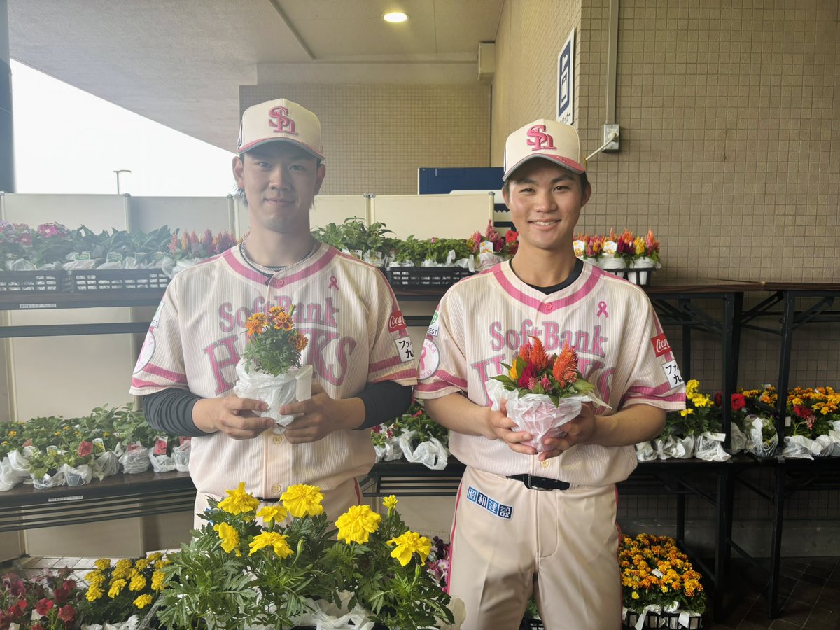 #岩井俊介 投手、 #庄子雄大 選手からはフラワーポット手渡し会を実施しました🌷

ドーム外周にもたくさんキレイなお花が咲いていますので、ぜひぐるっとお散歩してみてください♫

#sbhawks #ピンクフルデー2025