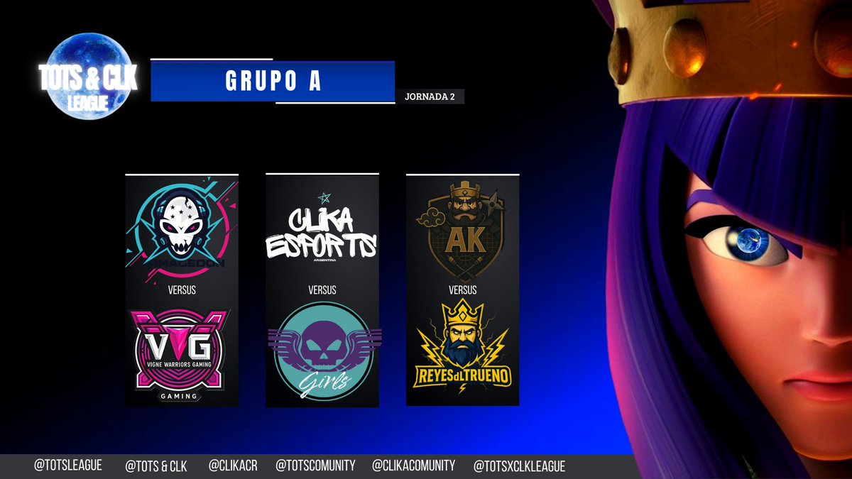 Tots League (@totscomunity) on Twitter photo ENFRENTAMIENTOS GRUPO A
Jornada 2
<a href="/ARMAGEDONHN_CR/">ARMAGEDON๐ญ๐ณ</a> ๐๏ธ <a href="/CMG_EsportsCR/">CMG E-Sport</a>
<a href="/ClikaCR/">Clika</a> ๐๏ธ <a href="/CalaveritasGirl/">Calaveritas Girls</a>
<a href="/akatzuki_7/">Akatzukiโค๏ธ</a> ๐๏ธ <a href="/ReyesdLTruenoCR/">ReyesdLTruenoCR</a> ENFRENTAMIENTOS GRUPO A
Jornada 2
<a href="/ARMAGEDONHN_CR/">ARMAGEDON๐ญ๐ณ</a> ๐๏ธ <a href="/CMG_EsportsCR/">CMG E-Sport</a>
<a href="/ClikaCR/">Clika</a> ๐๏ธ <a href="/CalaveritasGirl/">Calaveritas Girls</a>
<a href="/akatzuki_7/">Akatzukiโค๏ธ</a> ๐๏ธ <a href="/ReyesdLTruenoCR/">ReyesdLTruenoCR</a>