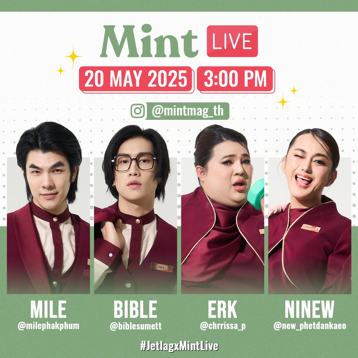 mintmag_th's tweet photo. ✨ เจอกัน! เตรียมพบกับ 4 นักแสดง ‘มาย-ไบเบิ้ล-เอิ๊ก-นินิว’ กับ #MintLive ที่จะมาพูดคุย พร้อมเล่าเรื่องราวถึงซิทคอมเรื่องใหม่ #Jetlagเจ๊ทแหลก ในวันอังคารที่ 20 พฤษภาคมนี้ เวลา 15:00 น. ทาง IG: @mintmag_th แฟนๆ ตั้งโนติฯ กันไว้เลย!
💚 อยากเห็นพวกเขาทำอะไรกันบ้าง ส่งคำถามไว้ที่ใต้โพสต์นี้กันได้เลย
#️⃣JetlagxMintLive
#MilePhakphum #BibleWichapas #chrrissa_p #new_phetdankaeo
#MintMagTH