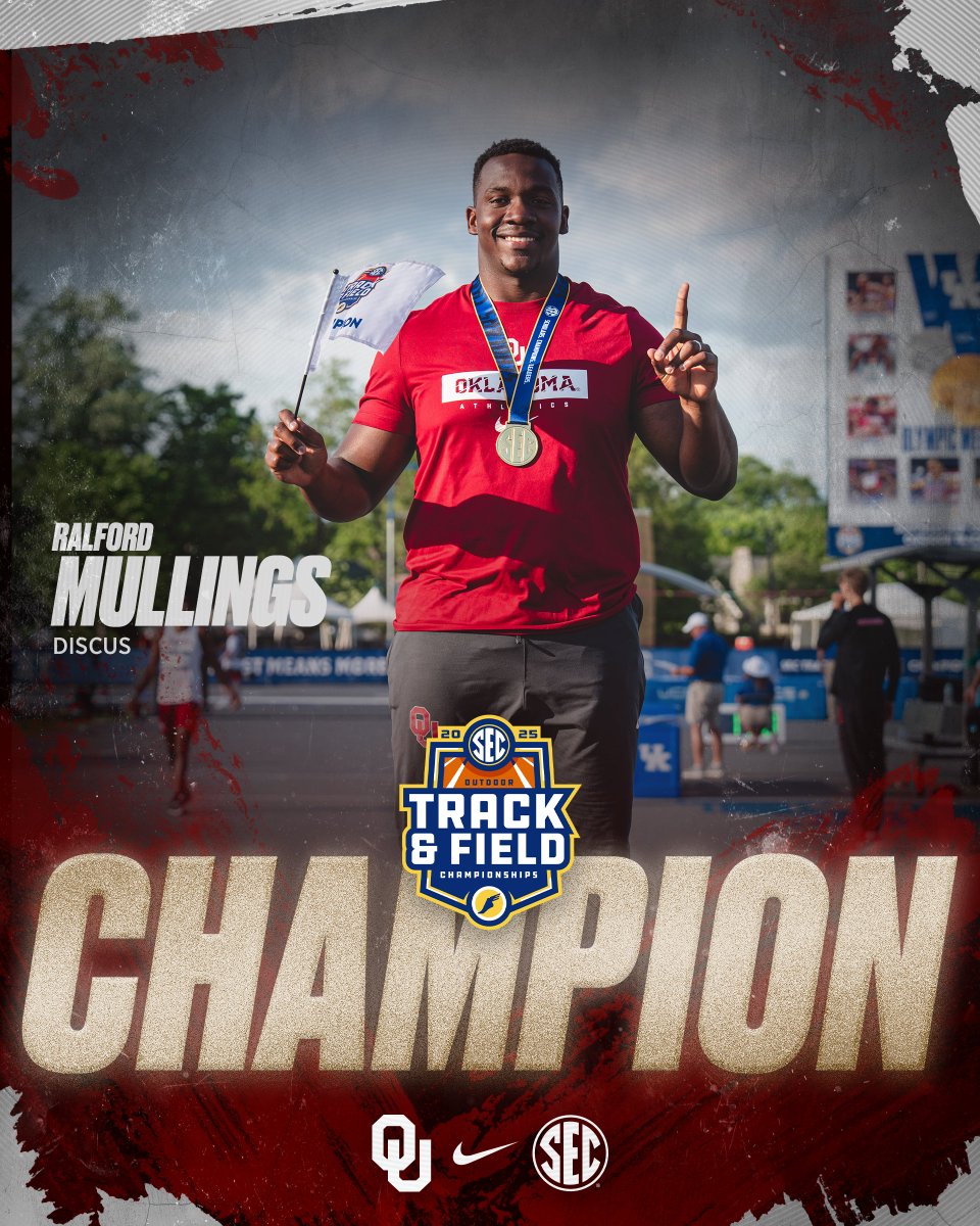 OU_Track's tweet photo. .@SEC DISCUS CHAMPION 🥇

Ralford Mullings win the discus throw title with a 66.48m (218'1.00") mark! https://t.co/8qLYNZydNj