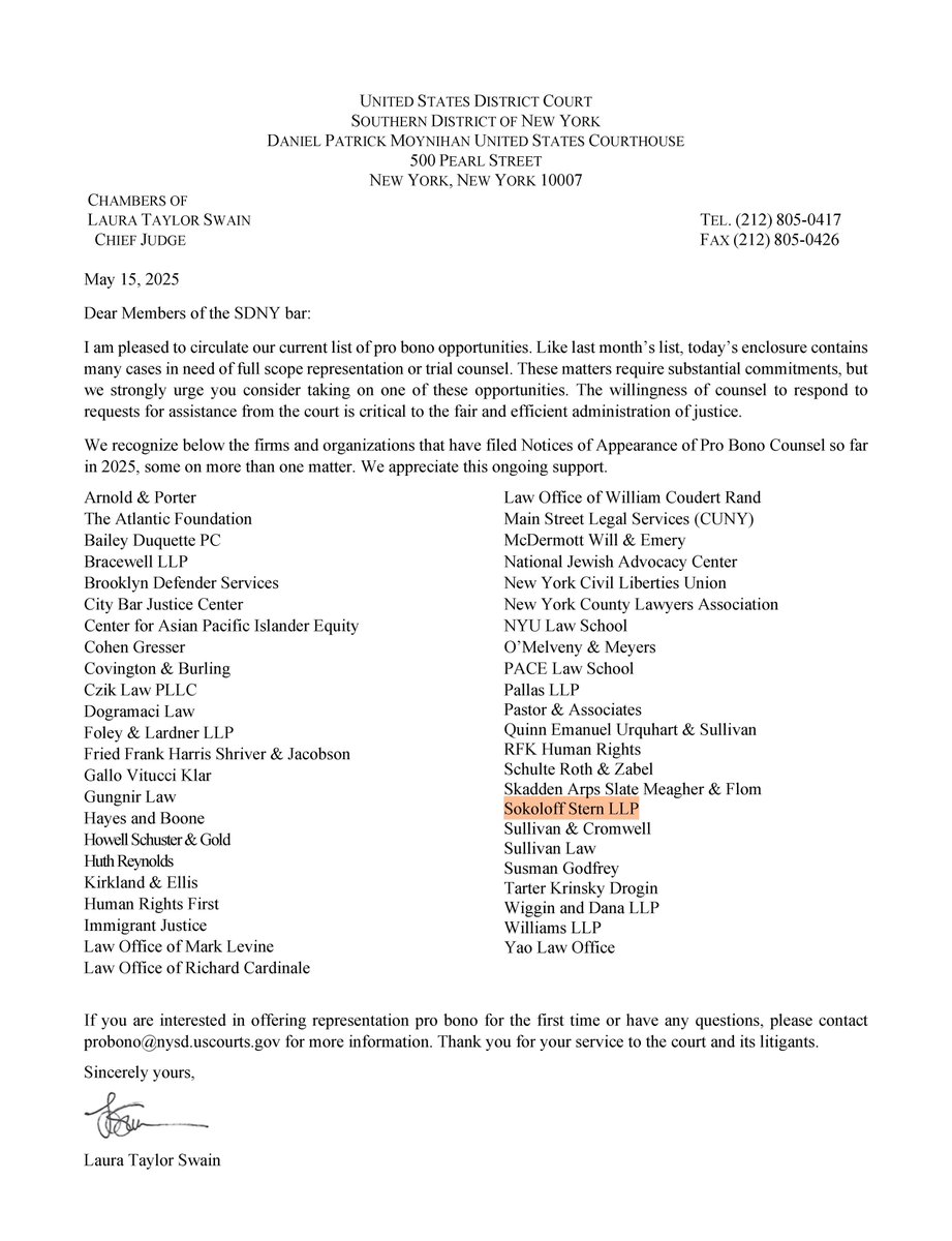 SokoloffStern's tweet photo. We are honored to be mentioned in this letter to counsel from the Chief Judge in the Southern District of New York for providing pro bono representation to a party unable to afford counsel. https://t.co/JsHNyEXQRA