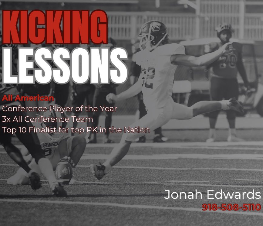 I’m offering kicking lessons!! Text me for sessions at 918-508-5110. I hold 6 college records and I’m playing professionally. 
25$-40$ per 1 hour session! (for more info text me)