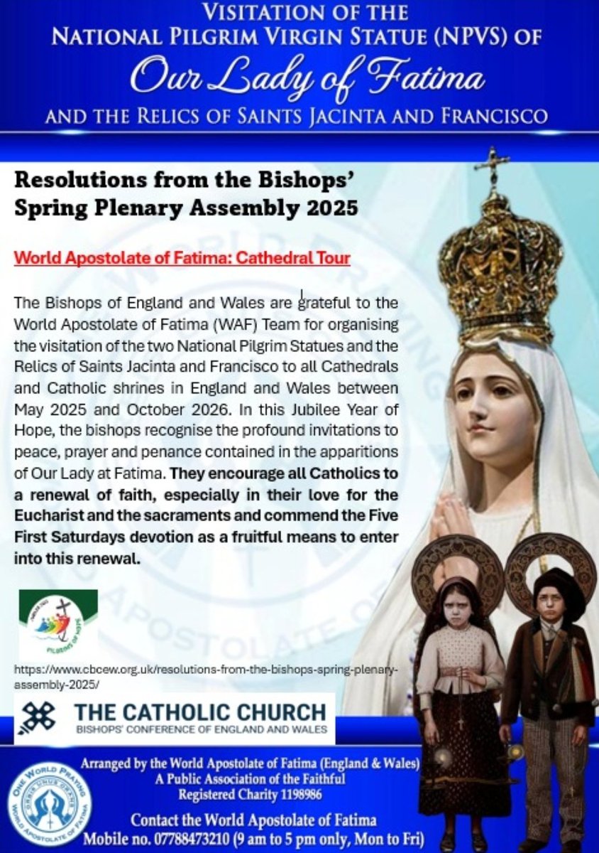 WAFEnglandWales's tweet photo. The Resolutions from the Catholic Bishops’ Conference of England and Wales Spring Plenary Assembly 2025 include thanks to WAF England and Wales for the World Apostolate of Fatima Cathedral Tour.

https://t.co/ba4NU3Rhzc https://t.co/PkAzRxtNh1