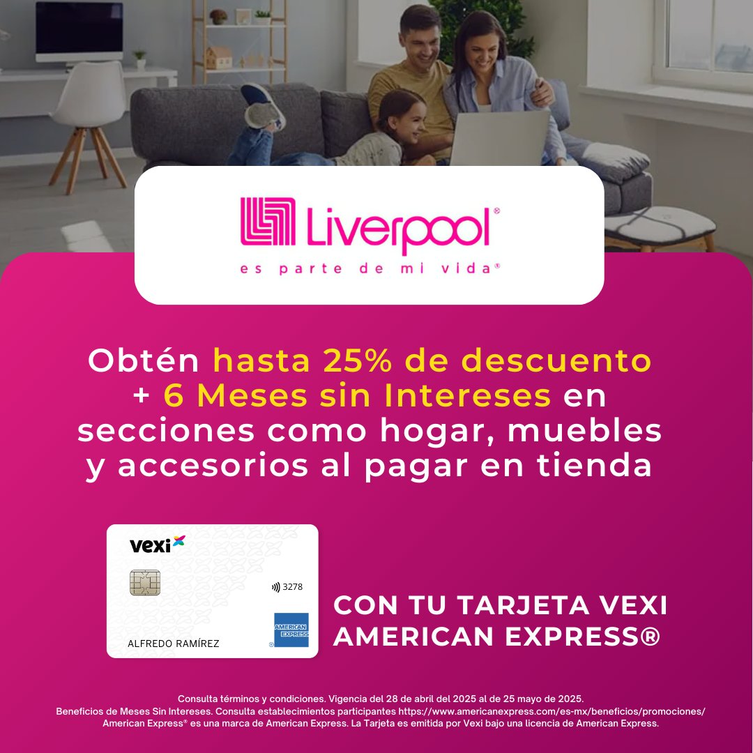 veximx's tweet photo. ¡Vexicano/a, ¡que no te cuenten! 😉

Descubre las nuevas promociones a MSI que puedes disfrutar con tu Tarjeta Vexi American Express® y conviértete en maestro/a del ahorro: https://t.co/1b9lYYB8y7 😱✨🛍️

#EnviaFlores #GoWithAmex #OfficeMax #Liverpool https://t.co/W8NzffODxE