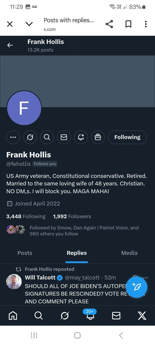 KJW (@hawkesbay69) on Twitter photo Let's help this Army Veteran ๐ซก <a href="/fehollis/">Frank Hollis</a> who follows back connect with more fantastic accounts ,please follow, repost ๐ช๐ซถ๐๐ฅ๐ฏ๐ซก Let's help this Army Veteran ๐ซก <a href="/fehollis/">Frank Hollis</a> who follows back connect with more fantastic accounts ,please follow, repost ๐ช๐ซถ๐๐ฅ๐ฏ๐ซก