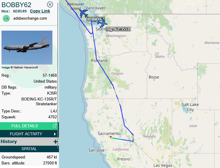 SirListenalot's tweet photo. ~1910z #KC135 #AE0149 #BOBBY62 on a round trip out of Eielson took over six fighters (likely #CUBE11, likely out of Nellis) from #BOBBY61 (Mather - Fairchild) https://t.co/qUbppw5Sqm