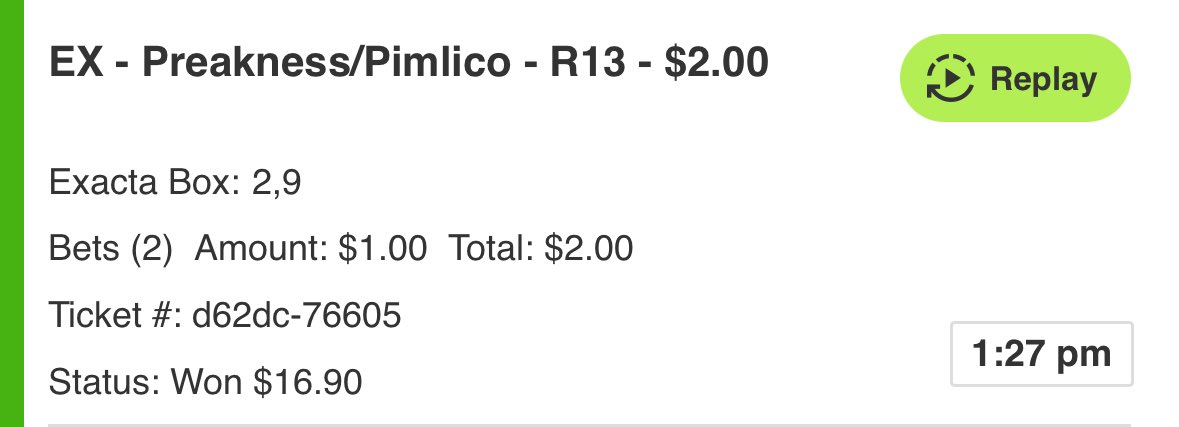 IsenhartStables's tweet image. Made up for a terrible day betting yesterday. Journalism is a beast…

✅ 2-9 Exacta
✅ Pick 3
✅ Pick 4

#Preakness150 #Preakness