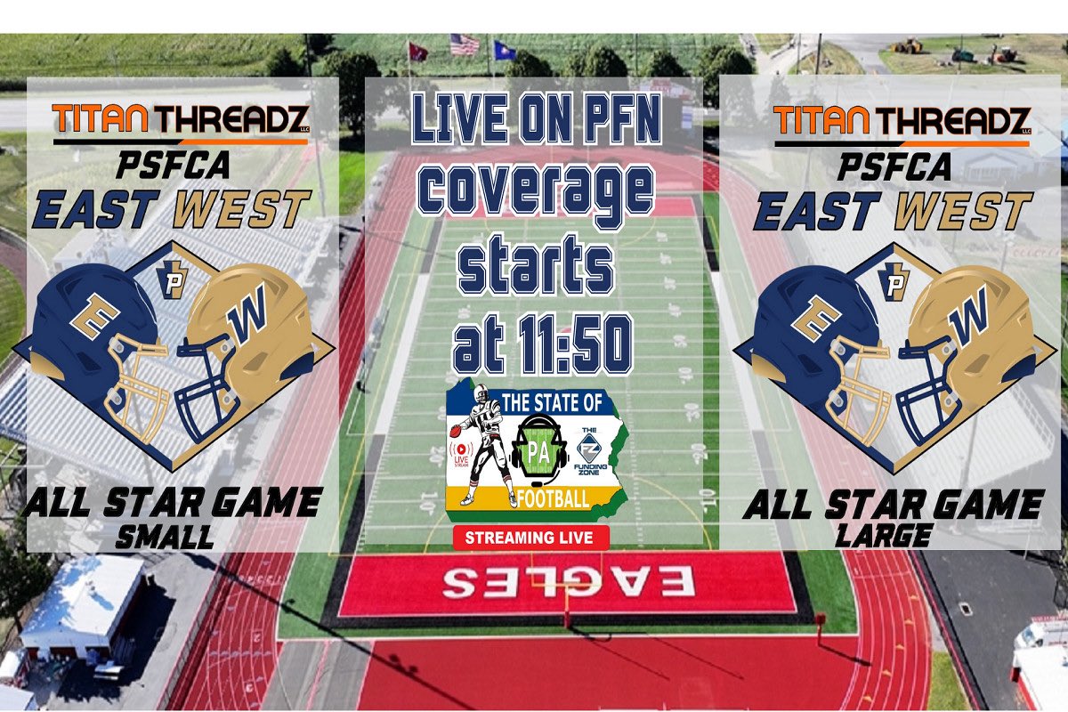 Can’t make it to 
<a href="/CVSDeagles/">CVSD Athletics</a> Chapman field tomorrow for the <a href="/PSFCA_/">PSFCA</a> East West games? WE GOT YOU COVERED!  Join our staff and special guests <a href="/PennLive/">PennLive.com</a> HSFB guru <a href="/threejacker/">Eric Epler</a> at 11:50 for the small school game and Linglestown Gazettes Joe Gilloway for the large school game! Head