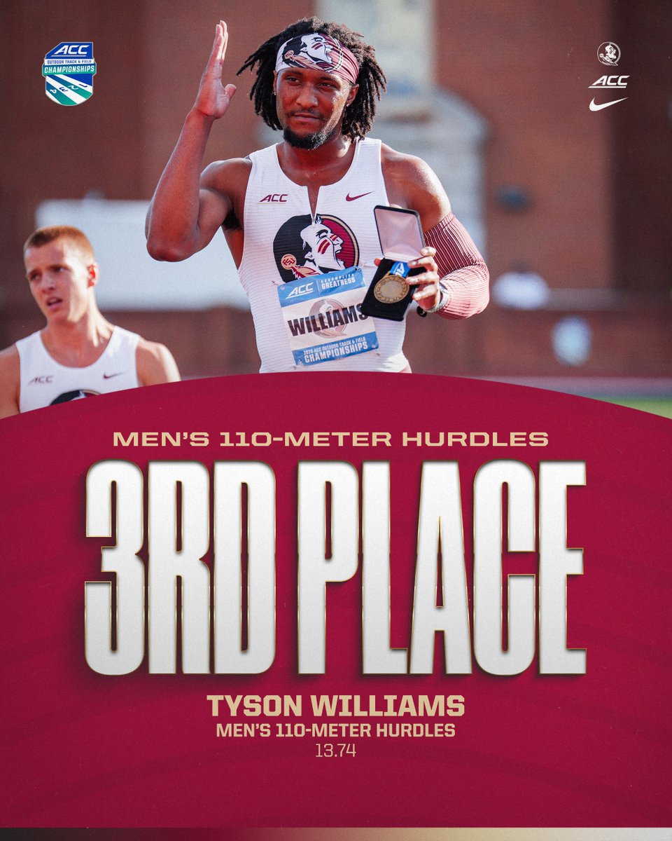 Salute to our guy, Tyson Williams 🫡

Williams takes the third podium spot in the men's 110-meter hurdles with a time of 13.74.

#NoleFamily | #OneTribe