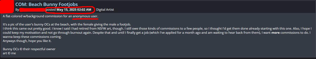exposeliam2021's tweet photo. so liam randomly decided to just come back and "anonymously" commission footjob art of lau's OC without consent. the artist will be censored, as they probably didn't know liam didn't have permission to use lau's OC.

the art was posted 2 days ago, showing liam's still around. https://t.co/9lfKhn8ug3