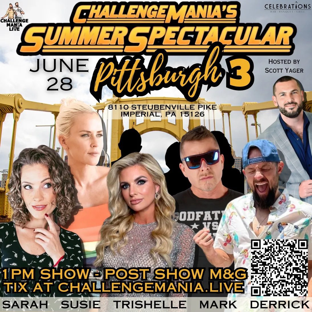 PITTSBURGH! JUNE 28TH! 
Next Traitors cast! <a href="/CelebrationsBBG/">Celebrations</a> 😉🏴‍☠️
-
SPECIAL GUESTS! 🏴‍☠️
<a href="/ImSarahRice/">Sarah Rice</a> <a href="/susie_meister/">Susie Meister</a> <a href="/TheMarkLong/">Mark Long</a>  <a href="/SHOTOFYAGER/">Scott Yager</a> TRISHELLE &amp; myself 
-
TICKETS! ChallengeMania.LIVE 🏴‍☠️