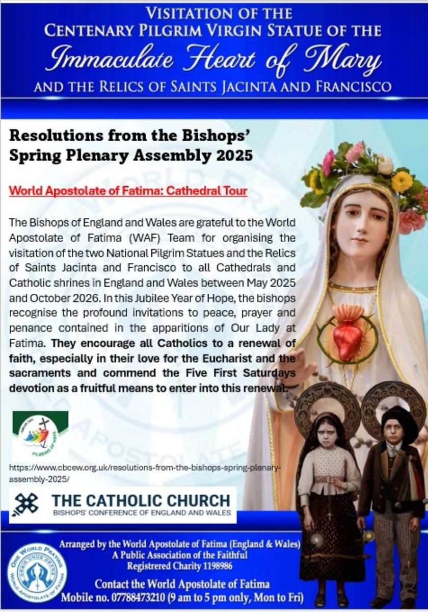 WAFEnglandWales's tweet photo. The Resolutions from the Catholic Bishops’ Conference of England and Wales Spring Plenary Assembly 2025 include thanks to WAF England and Wales for the World Apostolate of Fatima Cathedral Tour. https://t.co/FBtlVm8Tiw
