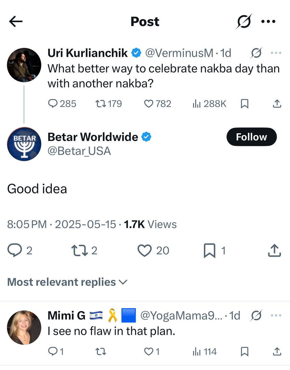 Betar is the group taking credit for making lists of students for Trump’s gov to deport. Openly calling here for genocide against Palestinian people.