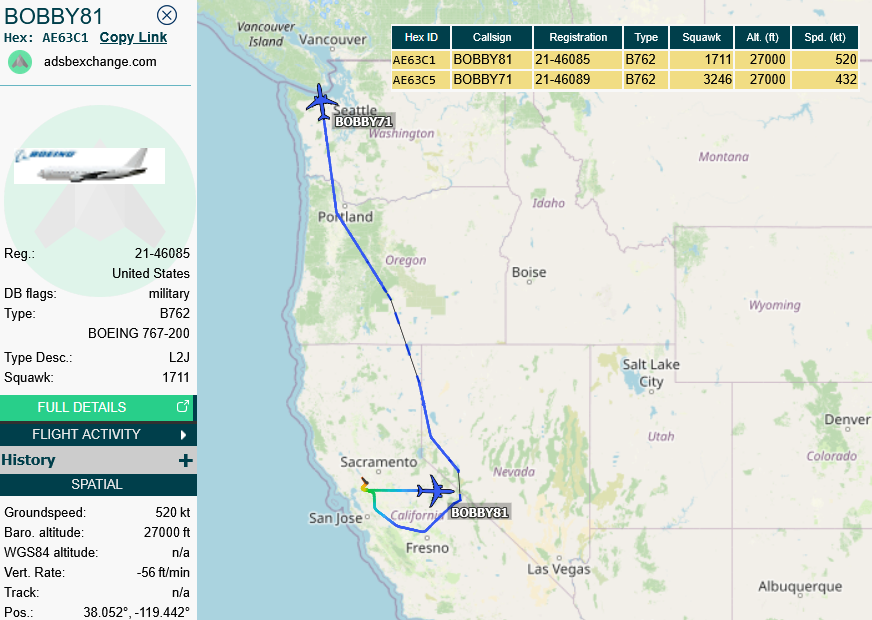 SirListenalot's tweet photo. 2105z #KC46's #AE63C5 #BOBBY71 (with #CUBE21?) &amp; #AE63C1 #BOBBY81 (with #CUBE31-33) on a round trip out of Travis followed https://t.co/XNKFZBhy36